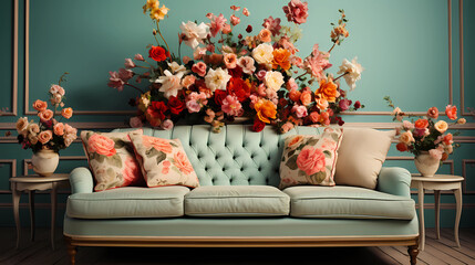 living room with pastel walls and floral accessories