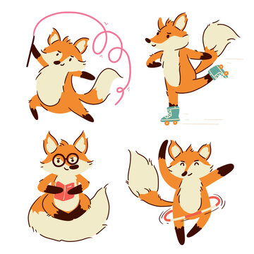 Fox . Set of cute cartoon characters . Hand drawn style . White isolated background . Vector .
