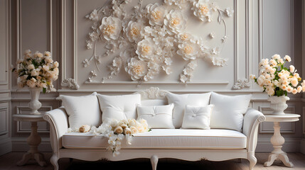 Living room walls, furniture, and accessories are pure white