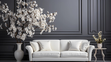 Living room walls, furniture, and accessories are pure white