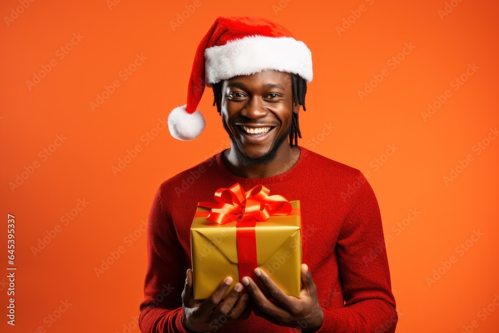 Poster dark-skinned smiling man with a box with a bow and a santa claus hat on an orange background.