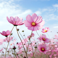 pink cosmos flower on  blue sky and white  background