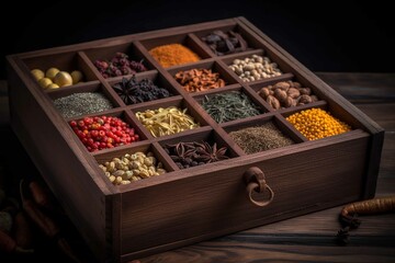 Variety of most most popular spices in a wooden box