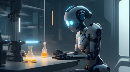 Advanced AI Robot Conducting Experiments in laboratory and Making Discoveries. Generative AI