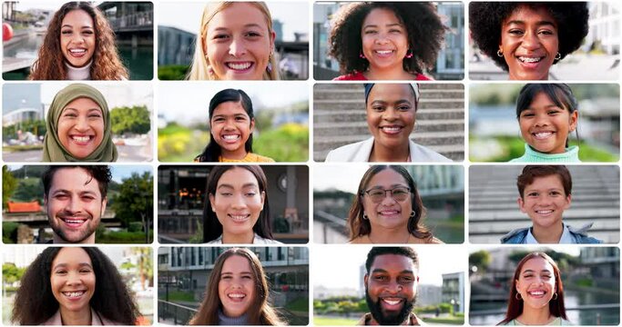 Happy, diversity and face of people on collage for community, multicultural and international group. Montage, collection and portrait of men and women smile in city with happiness, pride and culture
