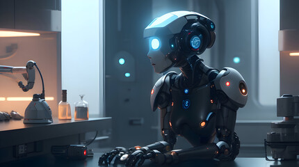 Advanced AI Robot Conducting Experiments in laboratory and Making Discoveries. Generative AI