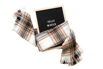 The inscription Hello Winter in a wooden frame wrapped in a scarf on a transparent background