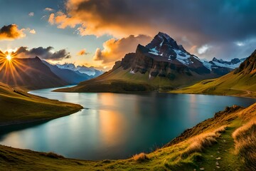Fototapeta na wymiar Fantastic evening panorama of Bachalp lake / Bachalpsee, Switzerland.