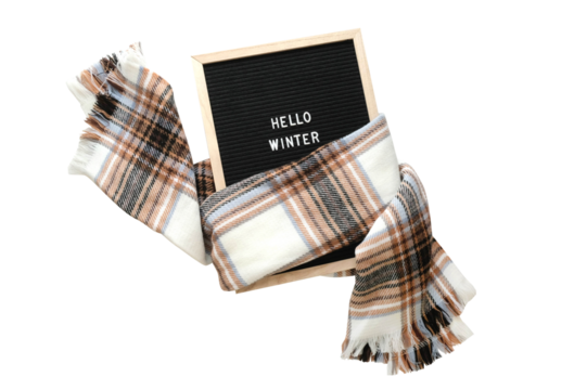 The inscription Hello Winter in a wooden frame wrapped in a scarf on a transparent background