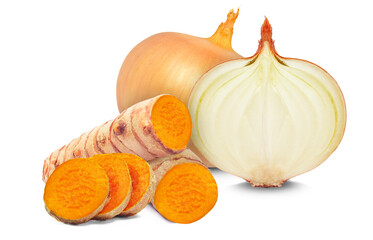 turmeric rhizome and onion isolated on white background