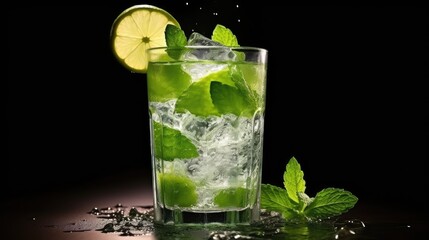 Refreshing mojito with lime, mint and ice in a glass.