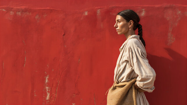 a photo of a peasant woman and red wall,Farmer women,copy space