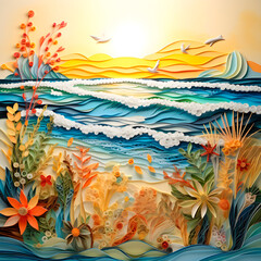 Fototapeta na wymiar Summer Beach and Sea abstract concept in quilling paper design, generative ai