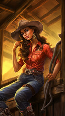 Obraz premium garota pinup beleza cowgirl fazenda