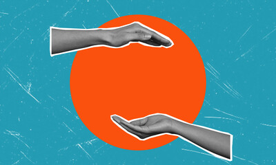 Contemporary art collage, female palms in orange circle.