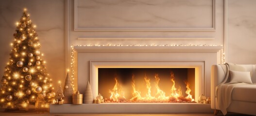 Cozy fireplace with Christmas lights illuminating wooden table top. Concept of warm winter decor.