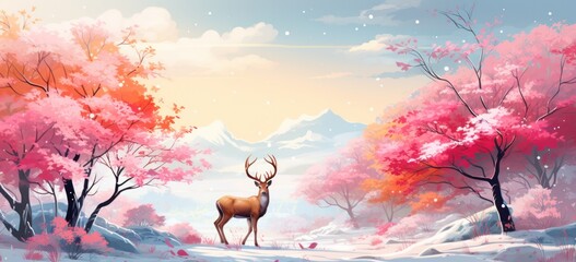Magical winter landscape with reindeer, trees, and snow. Editable Christmas design.