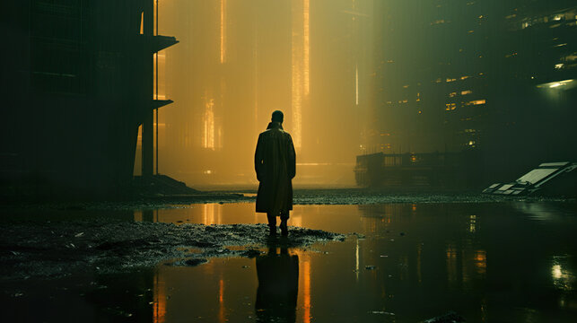 man in dark futuristic cyberpunk city, fantasy and sci fi, generative AI