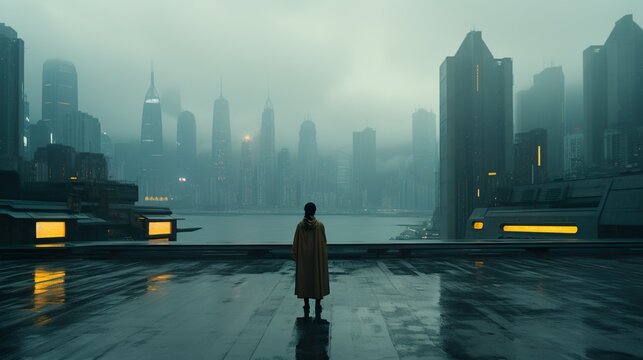 woman in dark futuristic cyberpunk city, fantasy and sci fi, generative AI