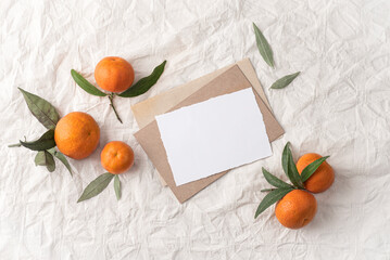 Natural winter stationery, desktop mock-up scene. Blank eco greeting card, craft envelope, with...