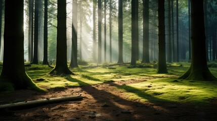 Tranquil Serenity: A Minimalist Forest Landscape with Tall Trees, Mossy Floor, and Gentle Sunlight