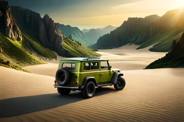 Illustration in three dimensions of an isolated green area with imaginative off-road travel and tourist designs. an exceptional example. - obrazy, fototapety, plakaty