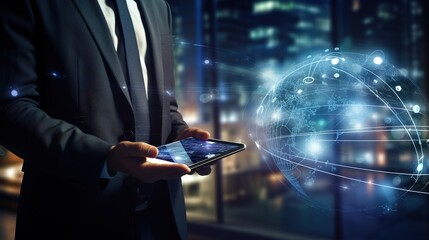 young businessman man use smartphone or tablet, business and technology concept, networking and connection, generative AI