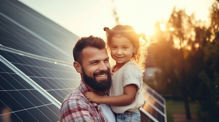 happy family of father and daughter stay by eco friendly house with solar panels, sustainable renewable energy concept, generative AI