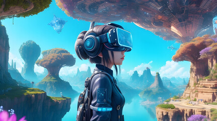 Girl wearing virtual reality headset, exploring the gaming world of futuristic metaverse. Generative AI