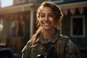Veterans Day. Young pretty female soldier. Soldier standing outside. Smiling at the camera. Friendly soldier. Golden hour. In uniform. Hero. Patriot. Service to country. Thank you for your service