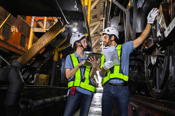 Female engineer and worker checking equipment in factory for repair