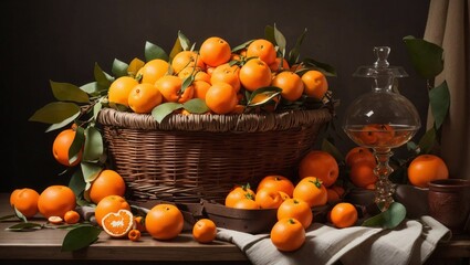 A basket filled with oranges with wooden background