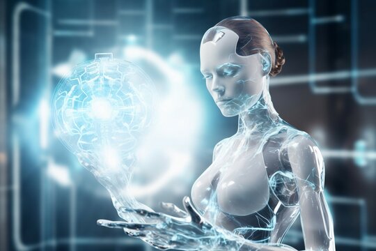 White humanoid woman using digital artificial intelligence icon hologram 3D rendering ai generated