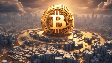 Bitcoin symbol placed on a futuristic landscape, symbolizing the rise and impact of the leading cryptocurrency. Generative AI