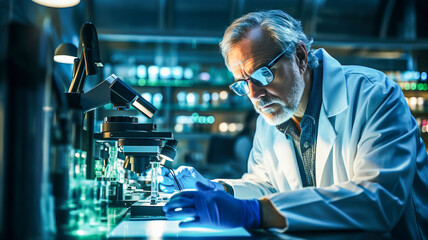 A scientist in a laboratory, peering through a microscope, his hands steady, focused on discovering the mysteries of the microscopic world.