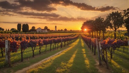 A grapes field with trees during sunset