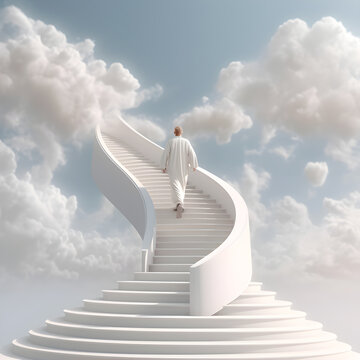 Man walking on stairway to heaven, eternal life concept, realistic design illustration, generative ai