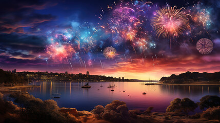 Beautiful fireworks at english bay beach at night in vancouver canada. Generative Ai