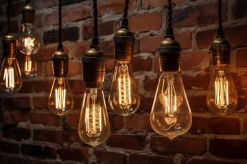 Fototapeta na wymiar A creative installation of hanging light bulbs on a textured brick wall