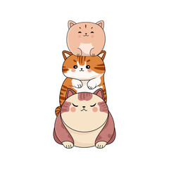 Cute kawaii kittens are sitting on each other, a tower of cats. Teamwork icon, cute animals.