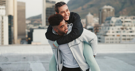 Fitness, piggyback and couple in a city with love, hug and bind in training or cardio routine....