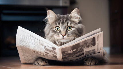shocked cat reading a newspaper - obrazy, fototapety, plakaty