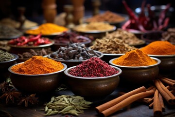 Colorful spices for gar masala Food ingredients for gar masala Indian spices mixed with powder