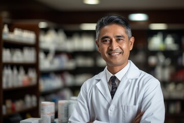 Happy Asian Indian male pharmacist standing in pharmacy