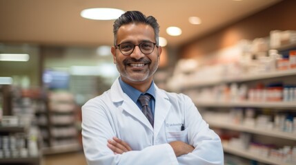 Fototapeta premium Happy Asian Indian male pharmacist standing in pharmacy