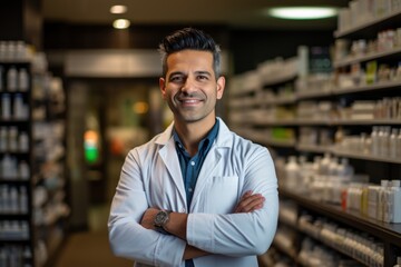 Fototapeta premium Happy Asian Indian male pharmacist standing in pharmacy