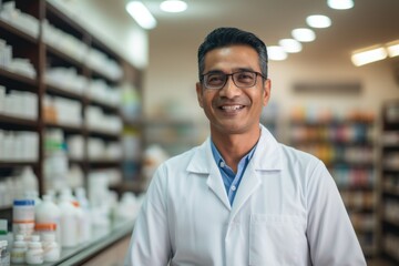 Happy Asian Indian male pharmacist standing in pharmacy