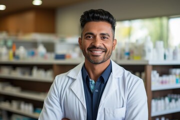 Fototapeta premium Happy Asian Indian male pharmacist standing in pharmacy