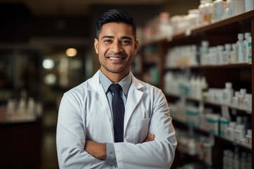 Obraz premium Happy Asian Indian male pharmacist standing in pharmacy