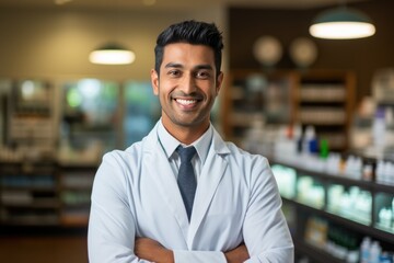 Happy Asian Indian male pharmacist standing in pharmacy